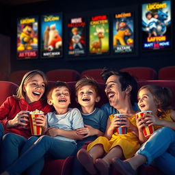 A warm and lively scene depicting a family in a cinema, with children and their parents sitting together, enjoying a film