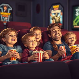 A warm and lively scene depicting a family in a cinema, with children and their parents sitting together, enjoying a film