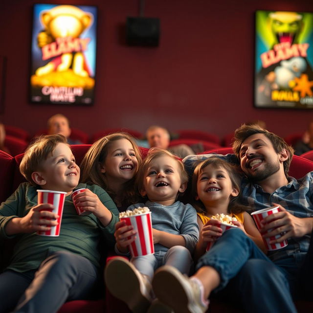 A warm and lively scene depicting a family in a cinema, with children and their parents sitting together, enjoying a film