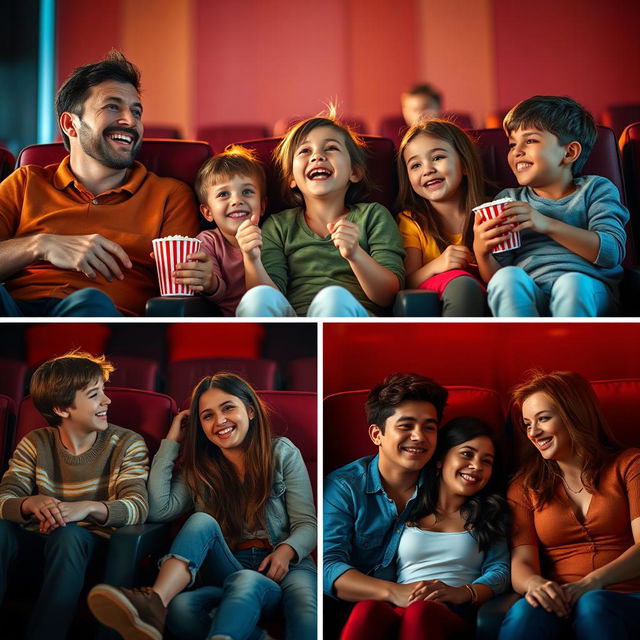 A vibrant collection of three scenes from a cinema setting