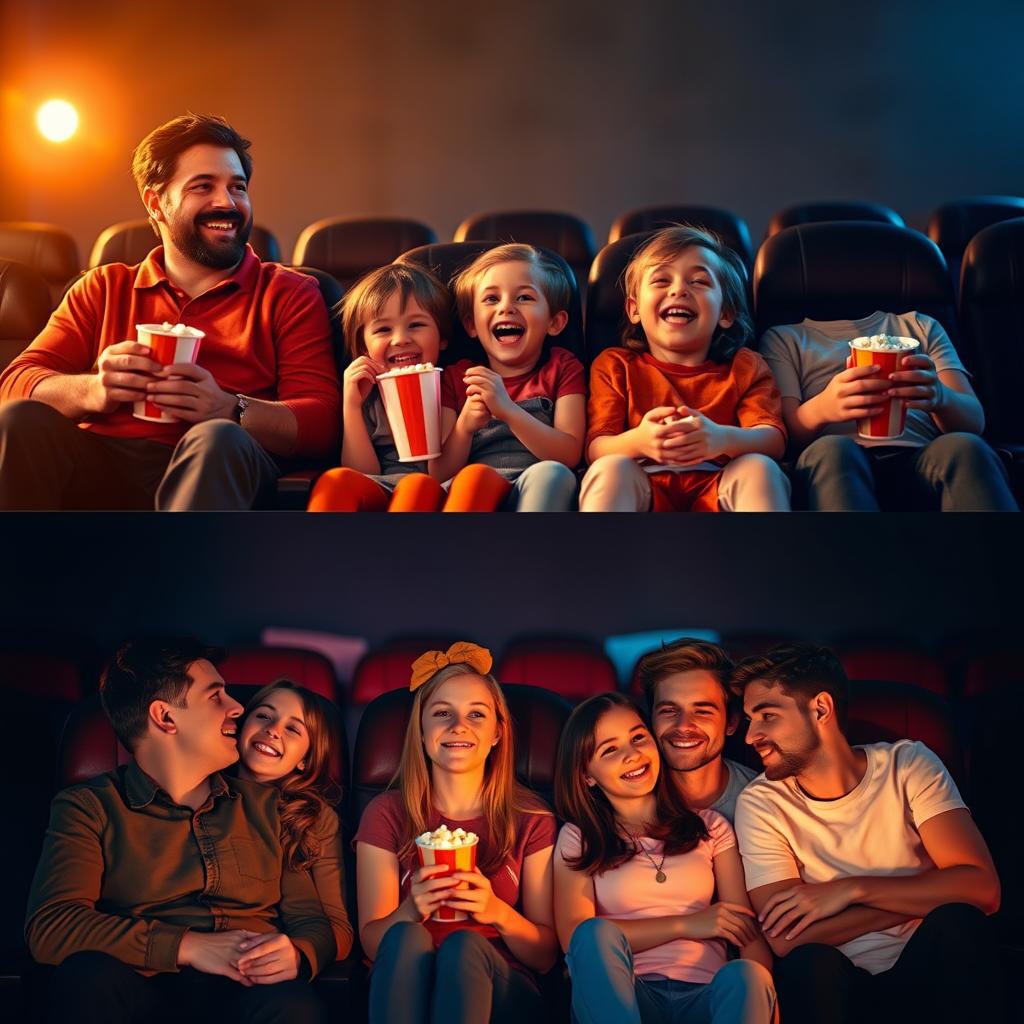 A vibrant collection of three scenes from a cinema setting