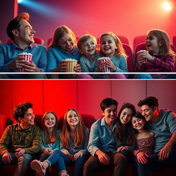 A vibrant collection of three scenes from a cinema setting