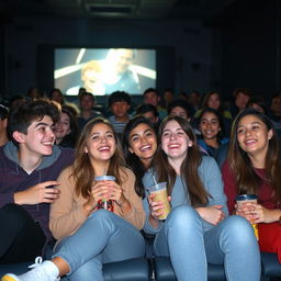 A lively scene depicting a group of teenagers sitting in a cinema, engrossed in watching a movie