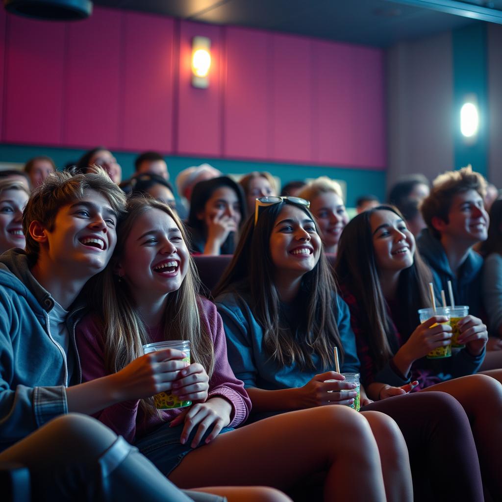 A lively scene depicting a group of teenagers sitting in a cinema, engrossed in watching a movie