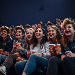 A lively scene depicting a group of teenagers sitting in a cinema, engrossed in watching a movie
