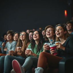 A lively scene depicting a group of teenagers sitting in a cinema, engrossed in watching a movie