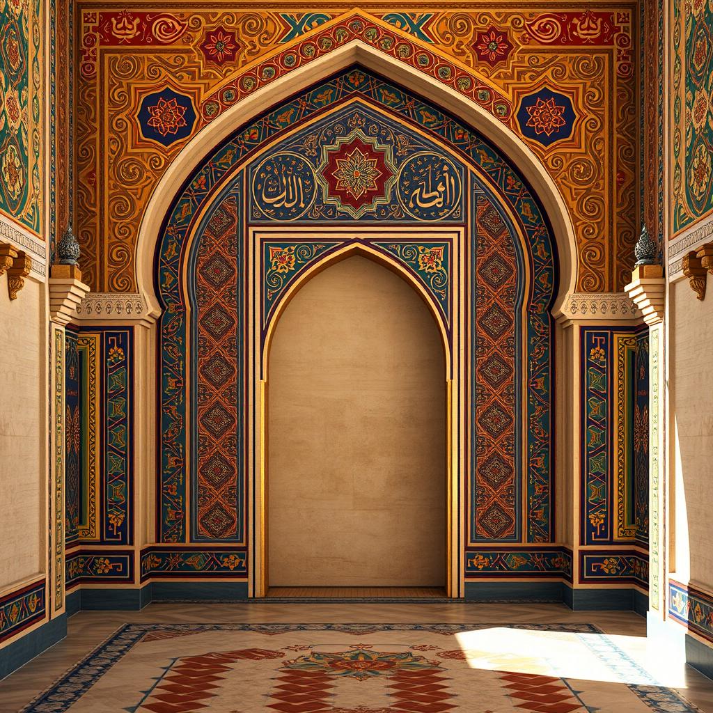 A beautifully intricate Islamic background, featuring traditional geometric patterns and arabesques, in rich colors such as deep blues, vibrant reds, and gold accents