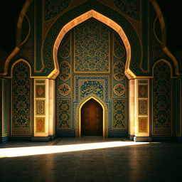 A beautifully intricate Islamic background, featuring traditional geometric patterns and arabesques, in rich colors such as deep blues, vibrant reds, and gold accents
