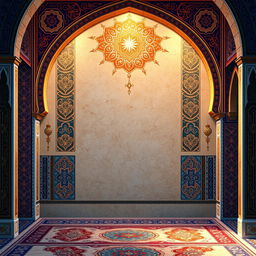 A beautifully intricate Islamic background, featuring traditional geometric patterns and arabesques, in rich colors such as deep blues, vibrant reds, and gold accents