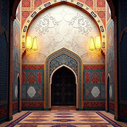 A beautifully intricate Islamic background, featuring traditional geometric patterns and arabesques, in rich colors such as deep blues, vibrant reds, and gold accents