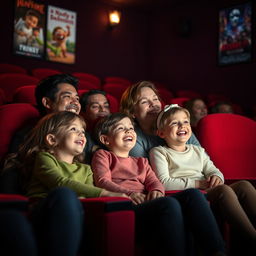 A cozy cinema scene featuring a joyful family