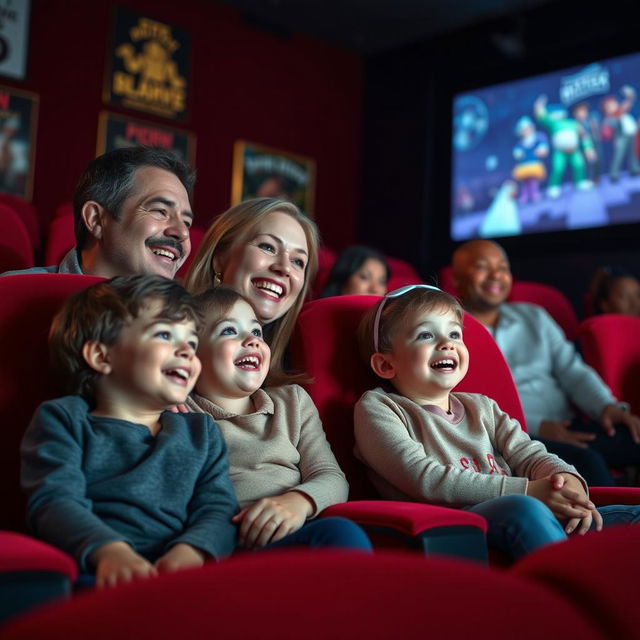 A cozy cinema scene featuring a joyful family