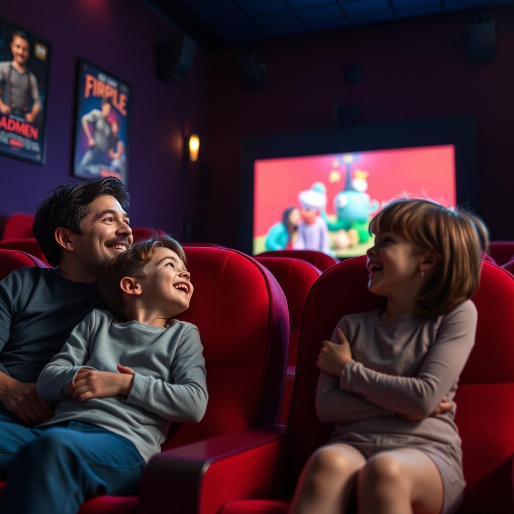 A cozy cinema scene featuring a joyful family