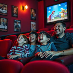 A cozy cinema scene featuring a joyful family