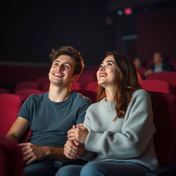 A young couple sitting closely together in a darkened cinema, absorbed in an exciting movie
