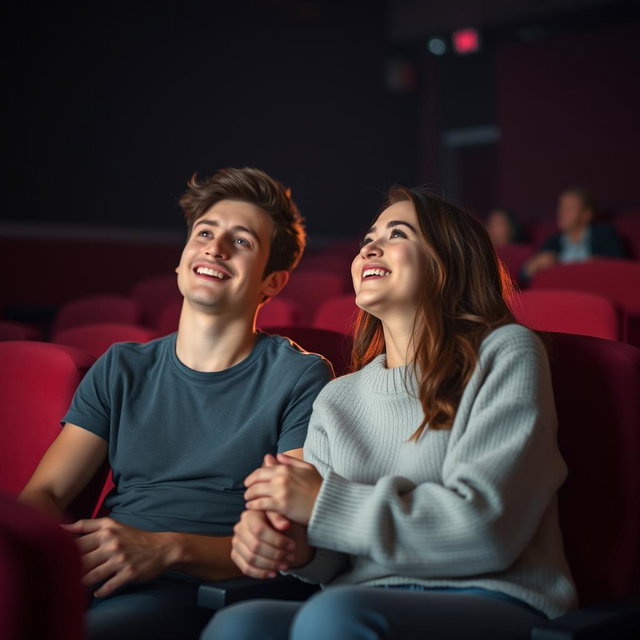 A young couple sitting closely together in a darkened cinema, absorbed in an exciting movie