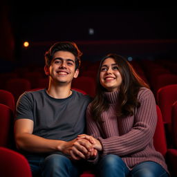 A young couple sitting closely together in a darkened cinema, absorbed in an exciting movie
