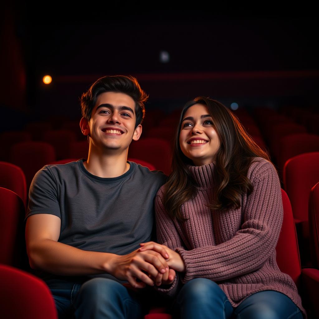 A young couple sitting closely together in a darkened cinema, absorbed in an exciting movie
