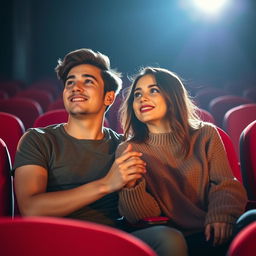 A young couple sitting closely together in a darkened cinema, absorbed in an exciting movie