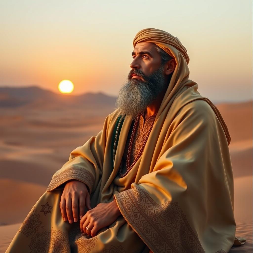 A magnificent portrait of Prophet Ibrahim (Abraham), depicted as a wise and revered patriarch, seated in a tranquil desert landscape
