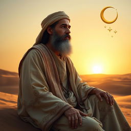 A magnificent portrait of Prophet Ibrahim (Abraham), depicted as a wise and revered patriarch, seated in a tranquil desert landscape