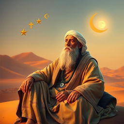 A magnificent portrait of Prophet Ibrahim (Abraham), depicted as a wise and revered patriarch, seated in a tranquil desert landscape
