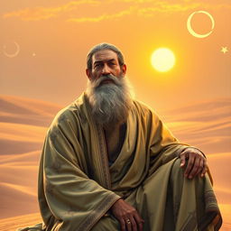 A magnificent portrait of Prophet Ibrahim (Abraham), depicted as a wise and revered patriarch, seated in a tranquil desert landscape