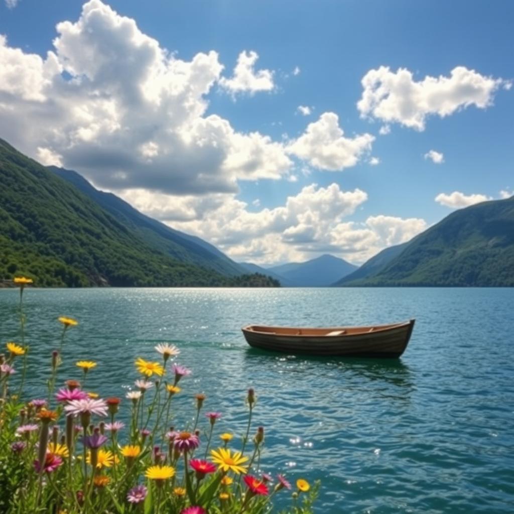 A serene landscape depicting a tranquil lake surrounded by lush green mountains under a bright blue sky filled with fluffy white clouds