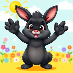 A cute black rabbit standing on its hind legs with its front paws raised up