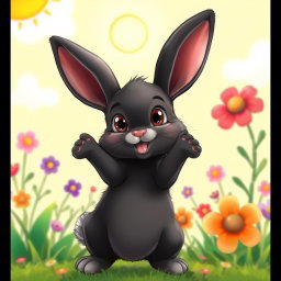 A cute black rabbit standing on its hind legs with its front paws raised up