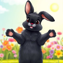 A cute black rabbit standing on its hind legs with its front paws raised up