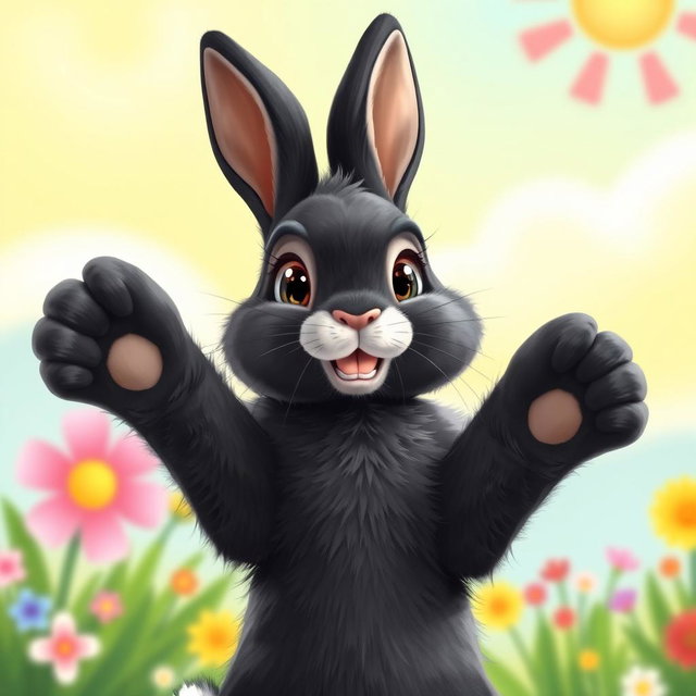 A cute black rabbit standing on its hind legs with its front paws raised up