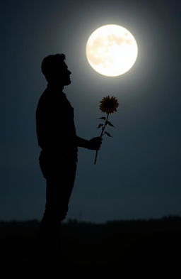 A silhouette of a man standing under the moonlight, holding a single sunflower