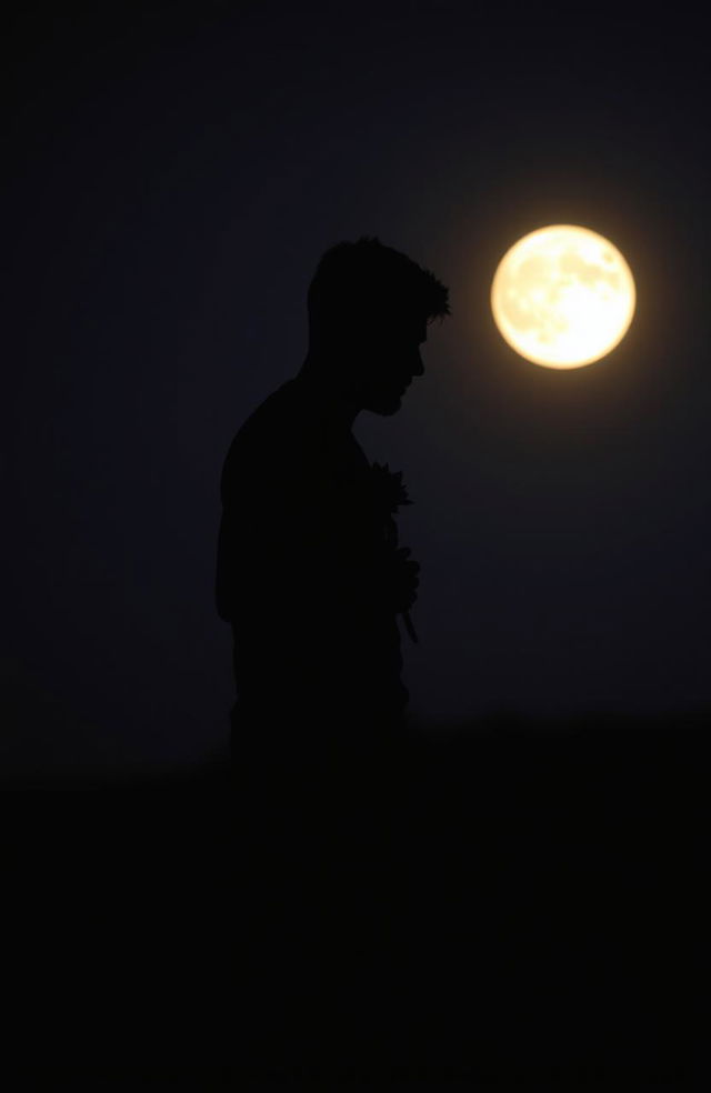 A silhouette of a man standing under the moonlight, holding a single sunflower