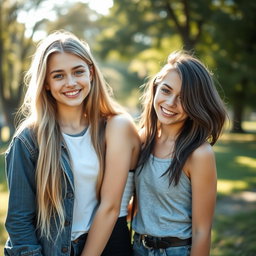 A striking portrait of two slender teenage girls standing together, one with long, flowing blonde hair and another with stylish, dark grey hair