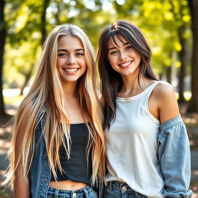 A striking portrait of two slender teenage girls standing together, one with long, flowing blonde hair and another with stylish, dark grey hair