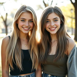 A striking portrait of two slender teenage girls standing together, one with long, flowing blonde hair and another with stylish, dark grey hair