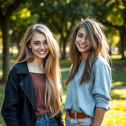 A striking portrait of two slender teenage girls standing together, one with long, flowing blonde hair and another with stylish, dark grey hair