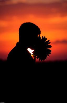 A silhouette of a man holding a single sunflower