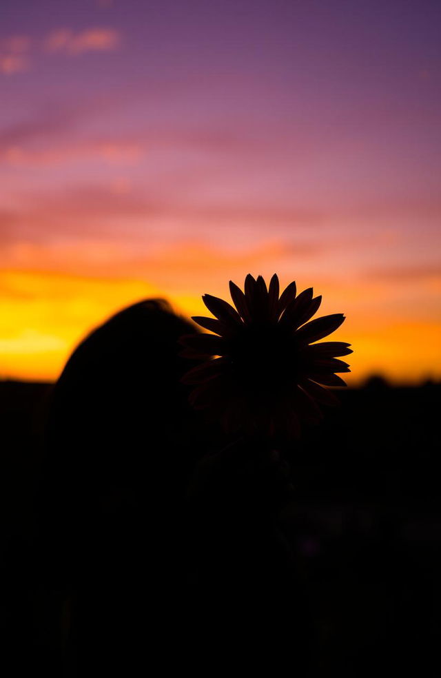 A silhouette of a man holding a single sunflower