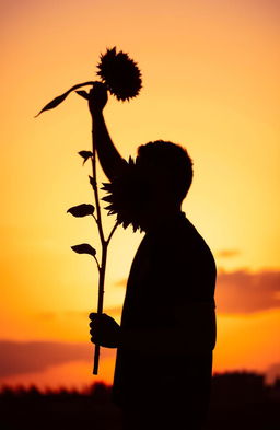 A silhouette of a man holding a single sunflower