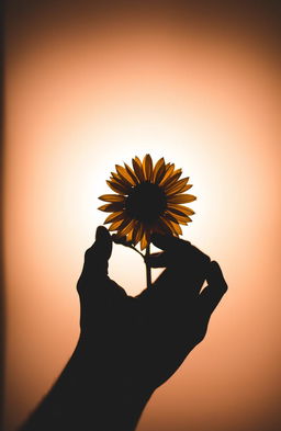 A silhouette of a hand gently grasping a single sunflower, with the intricate details of the sunflower petals visible against the contrasting light