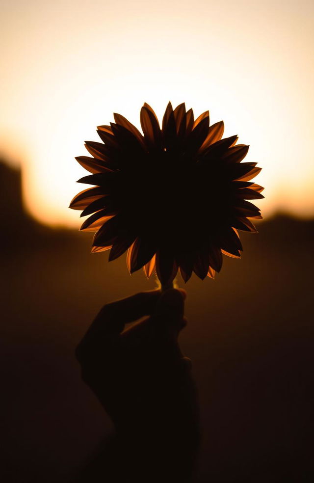 A silhouette of a hand gently grasping a single sunflower, with the intricate details of the sunflower petals visible against the contrasting light