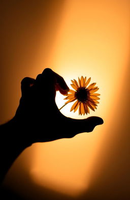 A silhouette of a hand gently grasping a single sunflower, with the intricate details of the sunflower petals visible against the contrasting light