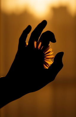 A silhouette of a hand gently grasping a single sunflower, with the intricate details of the sunflower petals visible against the contrasting light