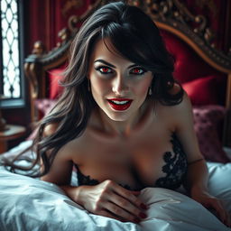 A beautiful, mature vampire woman, appearing around 25-30 years old, lying seductively in a luxurious bed within a royal castle bedroom