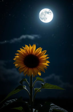 A single sunflower under the moonlight, with the moon casting a gentle glow on the petals, creating soft shadows on the ground