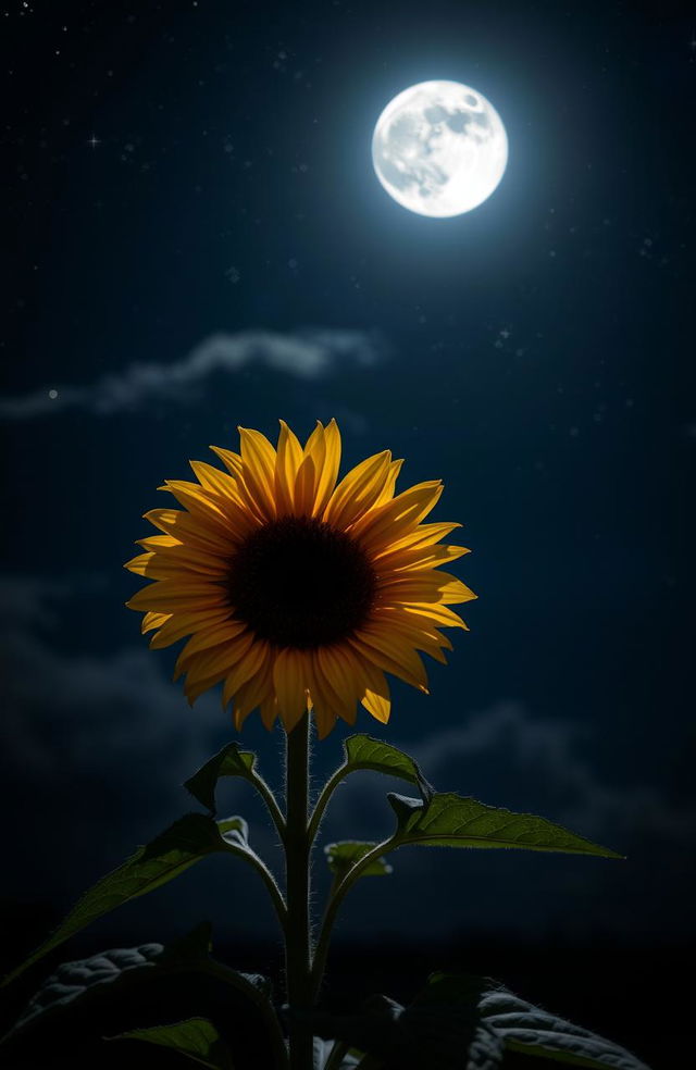 A single sunflower under the moonlight, with the moon casting a gentle glow on the petals, creating soft shadows on the ground