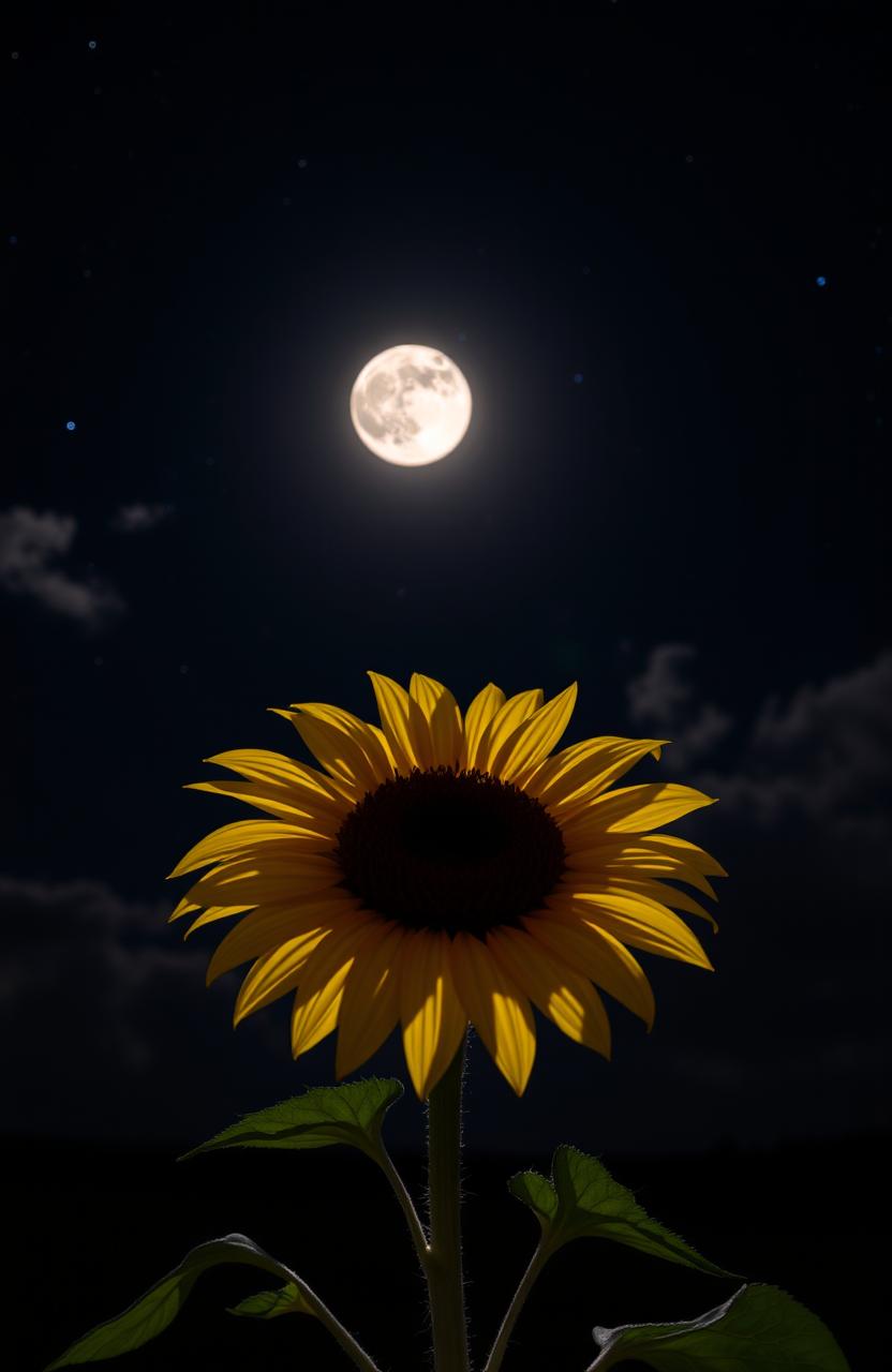 A single sunflower under the moonlight, with the moon casting a gentle glow on the petals, creating soft shadows on the ground