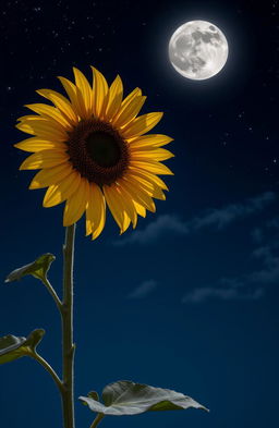 A single sunflower under the moonlight, with the moon casting a gentle glow on the petals, creating soft shadows on the ground